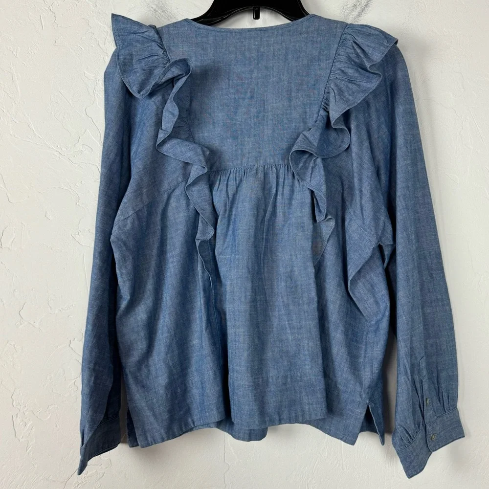 J. Crew Chambray Ruffle Front Button Blouse in Light Blue